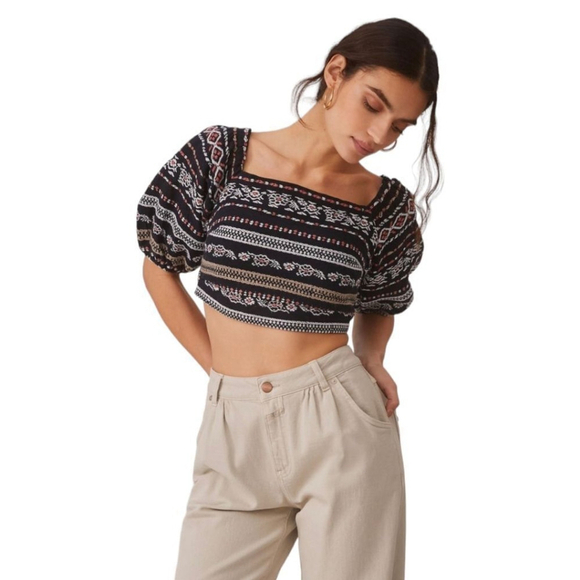 Anthropologie Woven Puff Sleeved Cropped Tie Back Top Boho Left Coast Collection - Picture 3 of 11